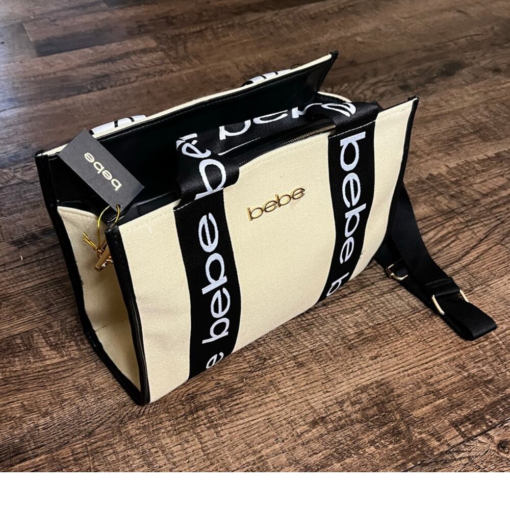 Bebe Tan and Black Logo Hana Canvas Crossbody Tote Bag/ Purse